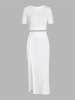 Ensemble de Haut Court Côtelé et de Jupe Mi-Longue Fendue S Blanc