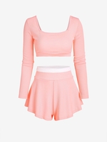 Ensemble de Haut Court Côtelé et de Short à Taille Contrastée M Rose léger