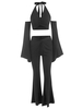 Ensemble de Haut Court Côtelé Tordu à Col Halter et de Pantalon Evasé L Noir
