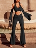 Ensemble de Haut Court Côtelé Tordu à Col Halter et de Pantalon Evasé S Noir