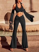 Ensemble de Haut Court Côtelé Tordu à Col Halter et de Pantalon Evasé S Noir