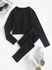 Ensemble de Haut Court de Sport Côtelé en Couleur Unie à Manches Longues et de Legging M Noir