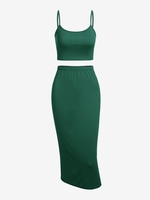 Ensemble de Haut Court en Couleur Unie et de Jupe Fluide M Vert profond