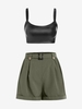 Ensemble de Haut Court en Cuir PU et Short Ceinturé à Jambe Large avec Bouton Taille unique Noir
