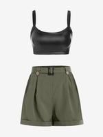 Ensemble de Haut Court en Cuir PU et Short Ceinturé à Jambe Large avec Bouton Taille unique Noir