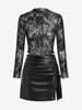 Ensemble de Haut Court Fleuri en Dentelle Transparente à Manches Longues et Mini Jupe à Ourlet en PU Taille unique Noir