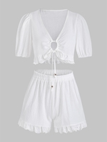 Ensemble de Haut Court Noué en Avant Ourlet en Dentelle et de Short L Blanc