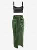 Ensemble de Haut Court Sexy à Bretelle en Cuir PU et de Jupe Drapée à Fente Haute Taille unique Vert