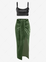 Ensemble de Haut Court Sexy à Bretelle en Cuir PU et de Jupe Drapée à Fente Haute Taille unique Vert