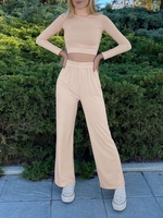 Ensemble de Haut Côtelé à Col Roulé et de Pantalon Bouffant M Café lumière
