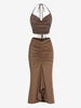 Ensemble de Haut Côtelé Plissé à Col Halter et de Jupe Drapée Taille unique Café profond