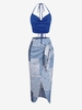 Ensemble de Haut Côtelé sans Dos à Col Halter et de Jupe Mi-Longue à Imprimé Léopard Taille unique Bleu