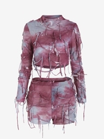 Ensemble de Haut Déchiré Teinté Semi-Transparent et de Short M Rouge foncé