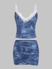 Ensemble de Haut Décoré de Dentelle à Imprimé Denim et de Jupe Déchiré à Côté M Bleu