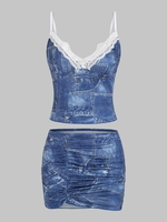 Ensemble de Haut Décoré de Dentelle à Imprimé Denim et de Jupe Déchiré à Côté S Bleu