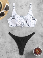 Ensemble de Haut de Bikini Noué à Imprimé Marbre et de Slip Deux Pièces Taille unique Blanc