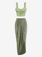 Ensemble de Haut de Laitière Court Plissé Au Poitrine Noué en Avant et Jupe Maxi Plissée Taille unique Vert clair