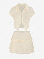 Ensemble de Haut en Maille Transparente avec Bouton et de Jupe Superposée M Café lumière
