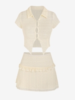 Ensemble de Haut en Maille Transparente avec Bouton et de Jupe Superposée S Café lumière