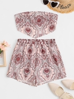 Ensemble de Haut Fleur Plissé et de Short Style Bohémien M Rouge foncé