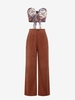 Ensemble de Haut Noué Imprimé sans Bretelles et Pantalon Plissé à Jambe Large en Velours Côtelé Taille unique Café