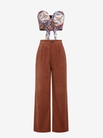 Ensemble de Haut Noué Imprimé sans Bretelles et Pantalon Plissé à Jambe Large en Velours Côtelé Taille unique Café