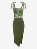 Ensemble de Haut Plissé Fleuri à Epaule Nouée en Velours et de Jupe Fendue Taille unique Vert