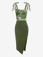 Ensemble de Haut Plissé Fleuri à Epaule Nouée en Velours et de Jupe Fendue Taille unique Vert