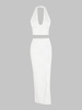 Ensemble de Haut Texturé Ouvert Au Dos à Col Halter et de Jupe à Fente Haute M Blanc