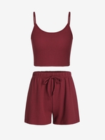 Ensemble de Haut Texturé Tricoté en Couleur Unie et de Short L Rouge foncé