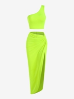 Ensemble de Jupe Asymétrique Tordue à Une Epaule M Vert