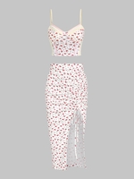 Ensemble de Jupe Fendue Tricotée à Imprimé Fleurie en Dentelle Insérée Taille unique Blanc