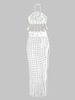 Ensemble de Jupe Longue de Plage Fendue et Débardeur Tricoté Ajouré avec Frange en Crochet Taille unique Blanc