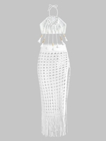 Ensemble de Jupe Longue de Plage Fendue et Débardeur Tricoté Ajouré avec Frange en Crochet Taille unique Blanc