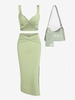 Ensemble de Jupe Mi-Longue Fendue Torsadée et Sac de Portefeuille Gaufré Taille unique Vert