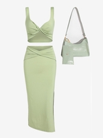 Ensemble de Jupe Mi-Longue Fendue Torsadée et Sac de Portefeuille Gaufré Taille unique Vert