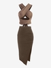 Ensemble de Jupe Mi-Longue Nouée à Fente Haute et de Haut Court Enveloppé Taille unique Café