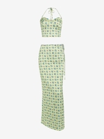 Ensemble de Jupe Moulante à Imprimé Fleurie Taille Nouée à Col Halter M Vert clair