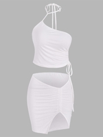 Ensemble de Jupe Sanglée Fendue à Col Halter Deux Pièces S Blanc
