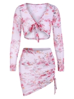 Ensemble de Jupe Sanglée Fleurie Nouée en Avant en Maille Transparente S Blanc