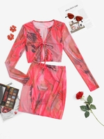 Ensemble de Jupe Teinté en Maille Transparente Deux Pièces S Rouge