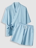 Ensemble de Kimono avec Poches en Avant à Taille Nouée en Couleur Unie et Short Décontracté Taille unique Bleu clair