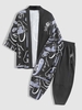 Ensemble de Kimono Cardigan à Imprimé Visage Abstrait et Pantalon Capri pour Vacances Taille unique Noir