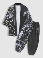 Ensemble de Kimono Cardigan à Imprimé Visage Abstrait et Pantalon Capri pour Vacances Taille unique Noir