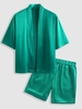 Ensemble de Kimono en Satin Soyeux et Short Bermudas Taille unique Vert profond