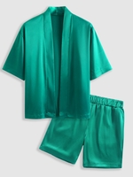 Ensemble de Kimono en Satin Soyeux et Short Bermudas Taille unique Vert profond