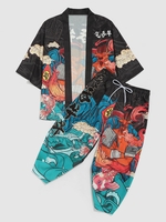 Ensemble de Kimono et Pantalon Baggy Court à Imprimé Chinoiserie M Rouge cerise