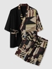 Ensemble de Kimono Motif Géométrique en Blocs de Couleurs à Lacets et de Short Décontracté Taille unique Noir