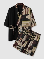 Ensemble de Kimono Motif Géométrique en Blocs de Couleurs à Lacets et de Short Décontracté Taille unique Noir