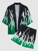 Ensemble de Kimono Ouvert en Avant en Blocs de Couleurs Motif de Flamme avec Short de Plage Taille unique Vert profond